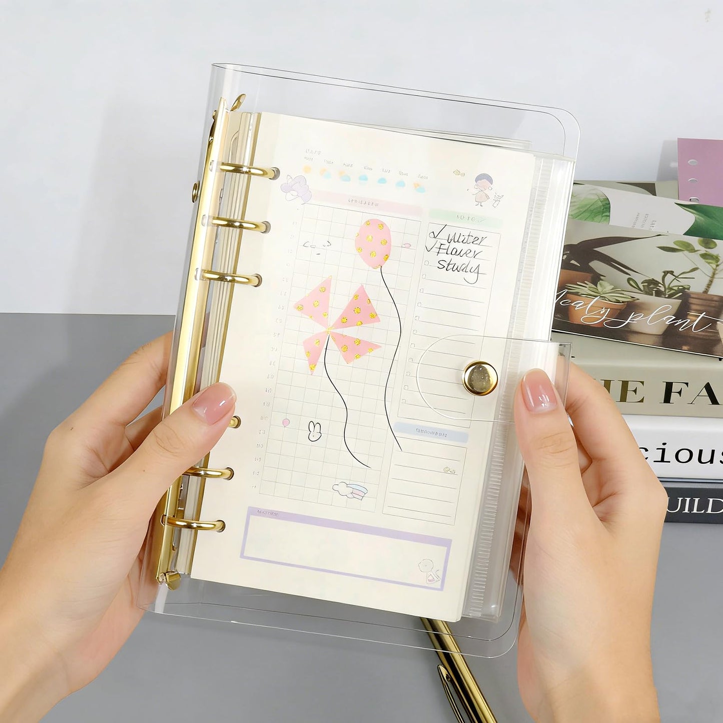 NatSumeBasics Clear A6 Binder Cover Gold 6 Rings 4"x7" Notebook Shell Protector Refillable Loose Leaf PVC Folders Soft Binding Accessories Supplies (Gold A6 Binder)