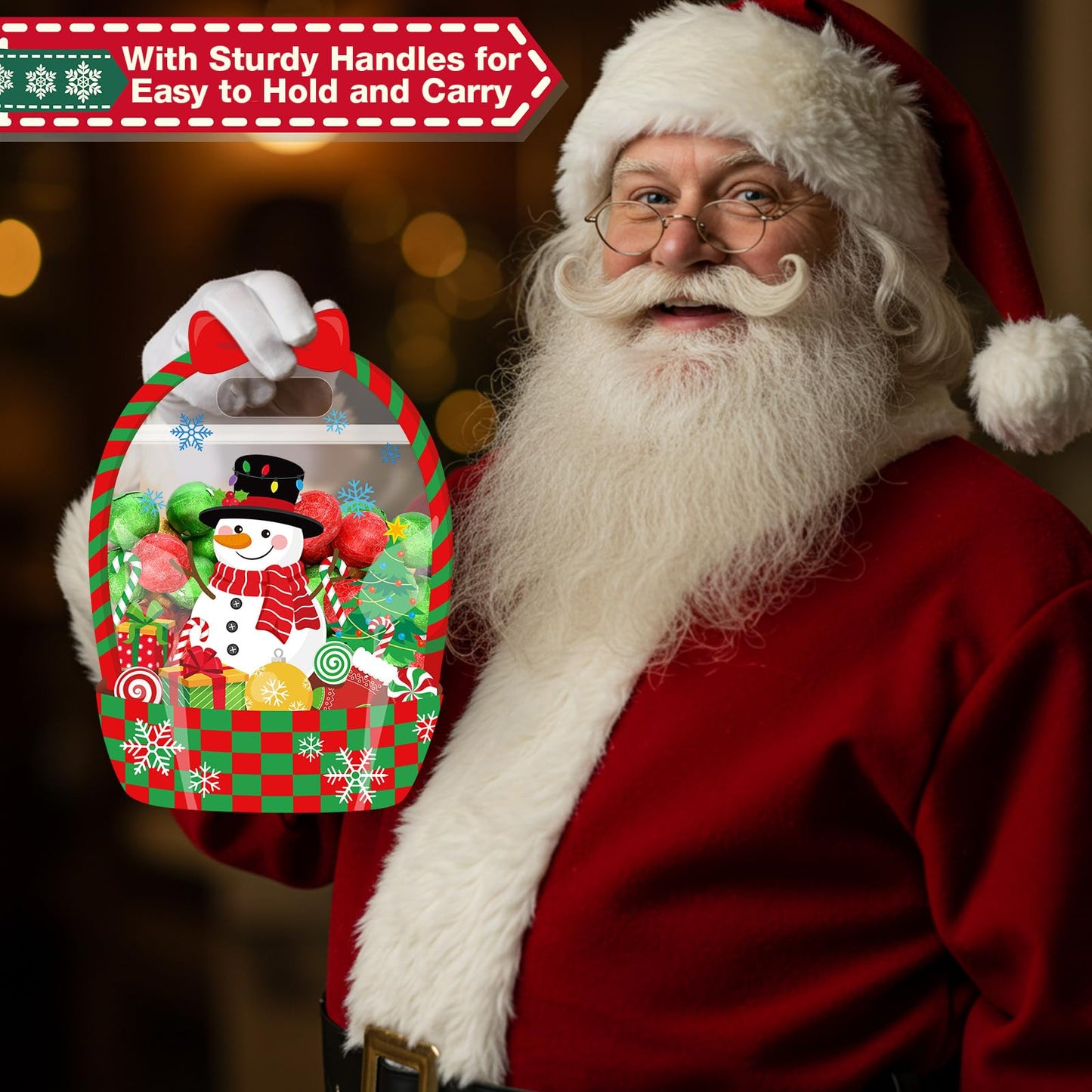 Fuutreo 50 Pcs Christmas Gift Bags Transparent Santa Sealing Pouches with Handles Resealable Merry Christmas Plastic Favor Bags for Holiday Party Candy Gift Wrapping Supplies Decoration(Xmas)