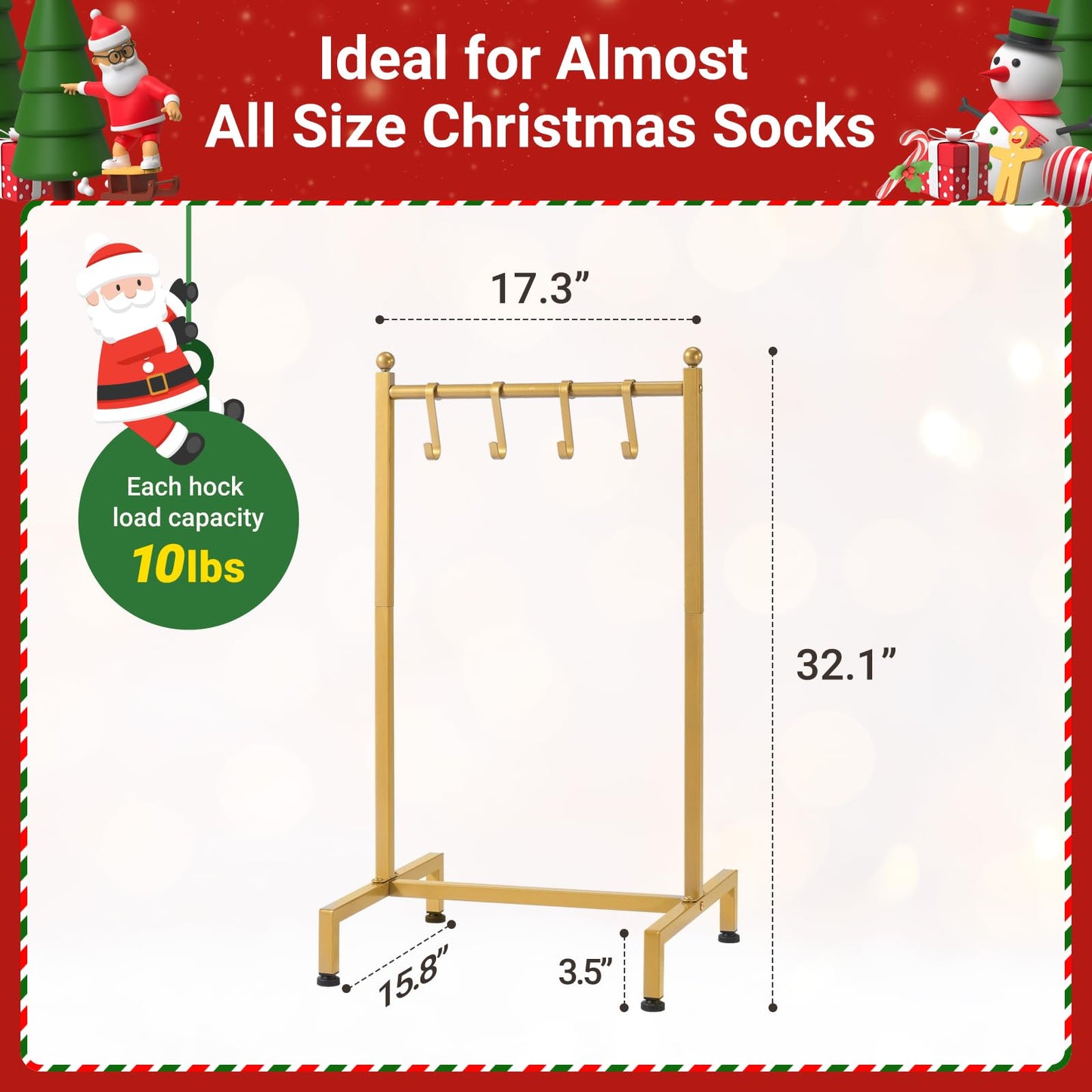 ELYKEN Christmas Stocking Holder, Free Standing Stocking Rack with 4 Removable Hooks, Small Stocking Stand, Heavy Duty Metal Tubes with Stable Base and Adjustable Feet, Gold