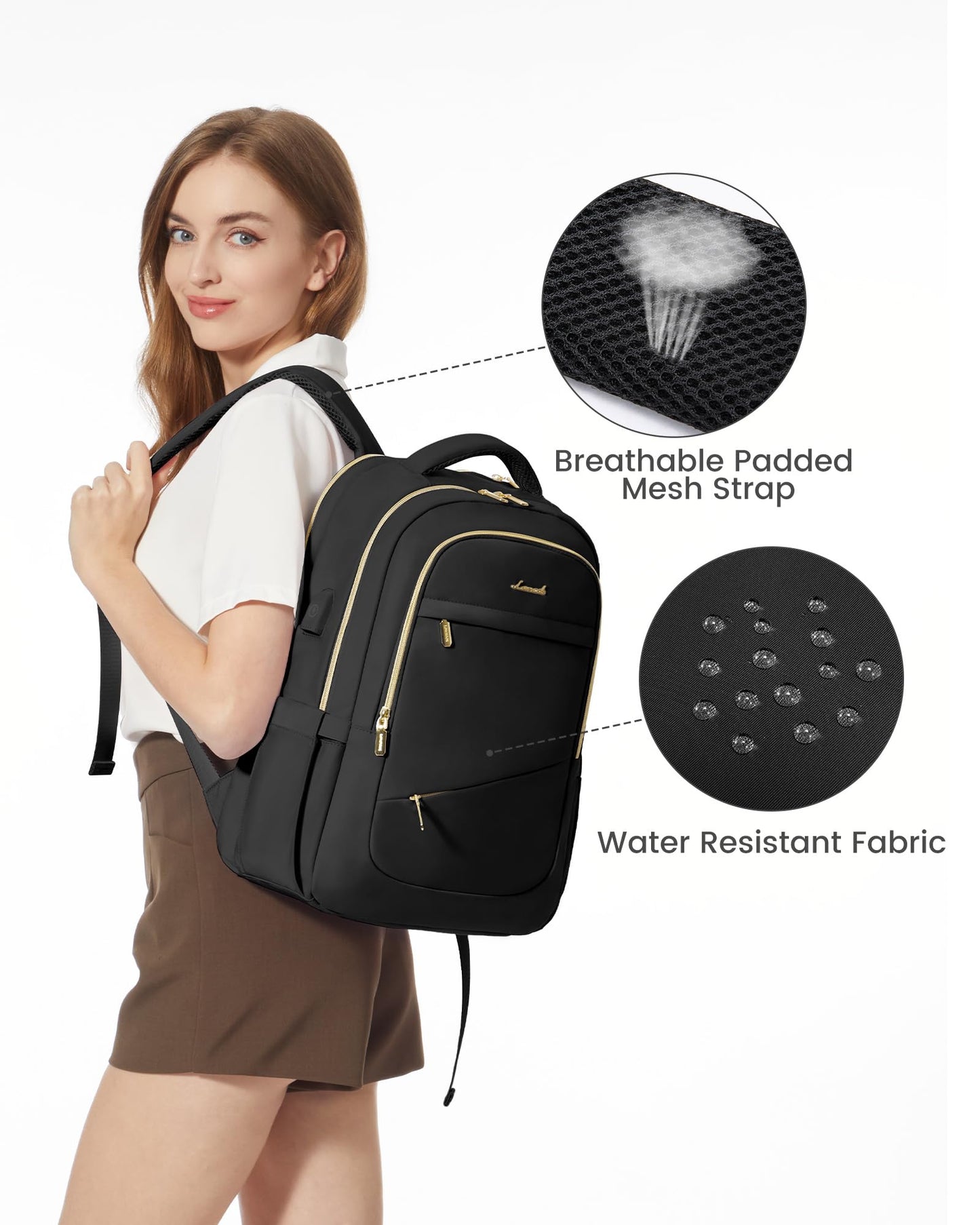 LOVEVOOK Laptop Backpack for Women, Black Business Travel Backpacks with USB Port, Water Resistant Work Teacher Computer Bag, Stylish Daypack, Fits 15.6" Laptop