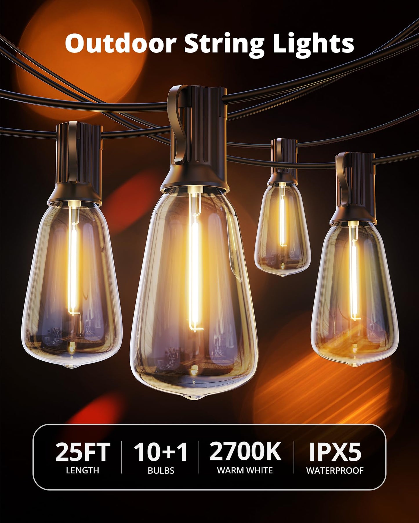 VIPAR Outdoor String Lights 25FT LED Patio Lights IPX5 Waterproof with 10+1 ST38 Shatterproof Edison Bulbs, 2700K Connectable Outside Hanging Light for Porch, Garden, Backyard, Deck, Balcony, Decor