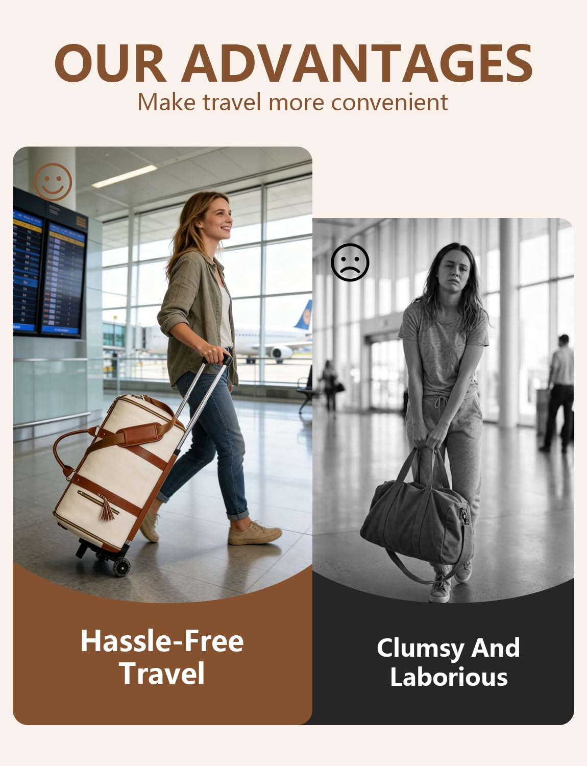 BSAKG 3 in 1 Convertible Garment Duffle Bags for Travel 45L Smooth Zipper Rolling Duffle Bag With Wheels Waterproof Carry On Duffle Bag for Men&Women with Weekends Weddings Business Short Trips Beige