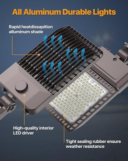 Parking Lot Light 300W 45,000LM Slip Fitter Led Street Pole Light with Dusk-to-Dawn Photocell 5000K 100-277V IP65 Waterproof Commercial Area Lighting for Parking Lot, Roadways