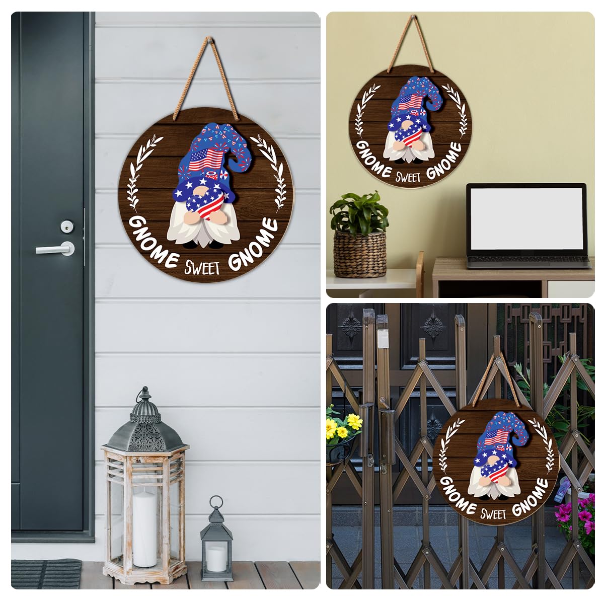 Interchangeable Gnome Welcome Sign Summer Patriotic 4th of July Door Decoration, Changeable Front Porch Decor Wood Wreath Gnomes Gifts for Spring Fall Winter All Seasons Holiday, Antique Brown
