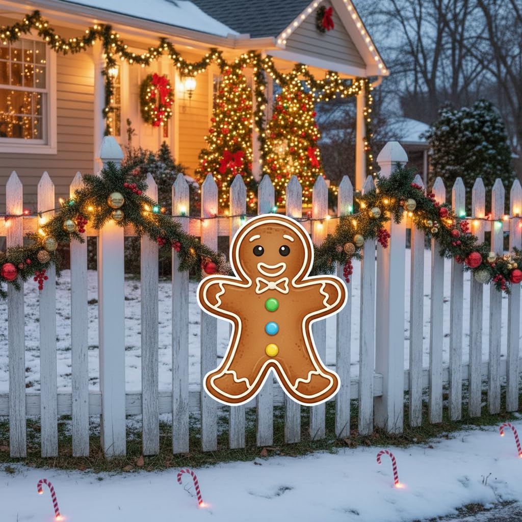 Christmas Gingerbread Man Ginger Bread Classic Yard Sign for Home Decor and Lawn Decoration With Stakes, Green Merry Christmas Sign Tree Cookie (Brown)