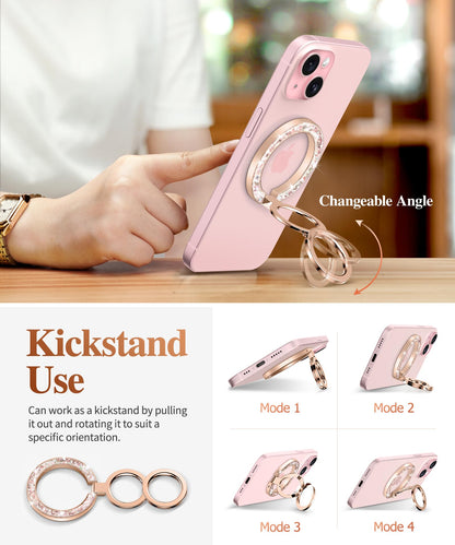 GVIEWIN Magnetic Phone Ring Holder, Compatible with MagSafe Phone Grip with Adjustable Stand, Magnet Phone Ring Kickstand for iPhone 17/16/15/14/13/12 Pro Max Plus Air/Other Phones (Glitter/Silver)