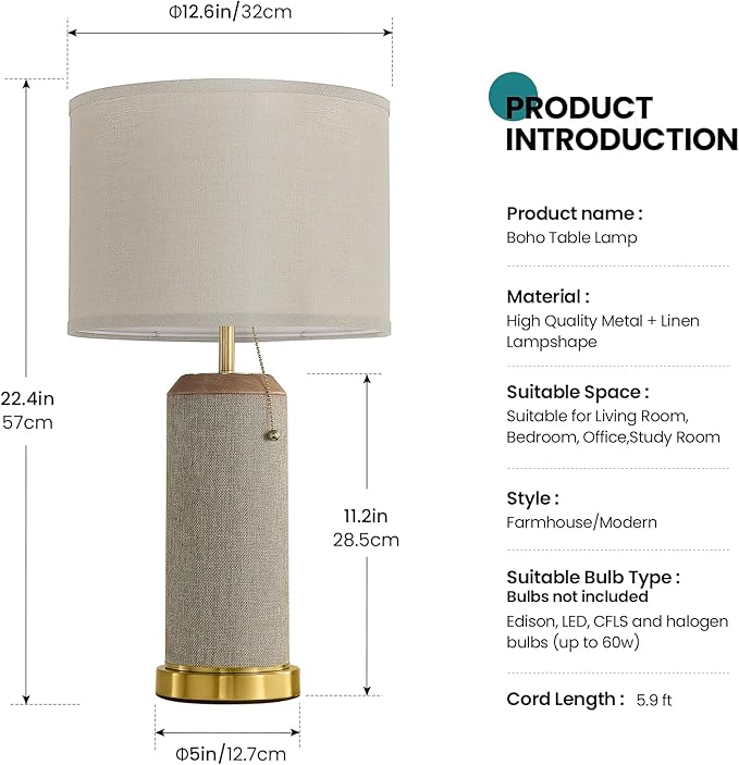 Boho Bedside Table Lamps Set of 2-22.4" Modern Nightstand Lamp for Bedroom Living Room, Vintage End Table Lamp with Linen Shade