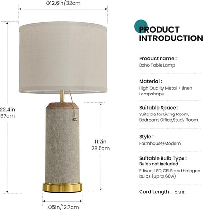 Boho Bedside Table Lamps Set of 2-22.4" Modern Nightstand Lamp for Bedroom Living Room, Vintage End Table Lamp with Linen Shade