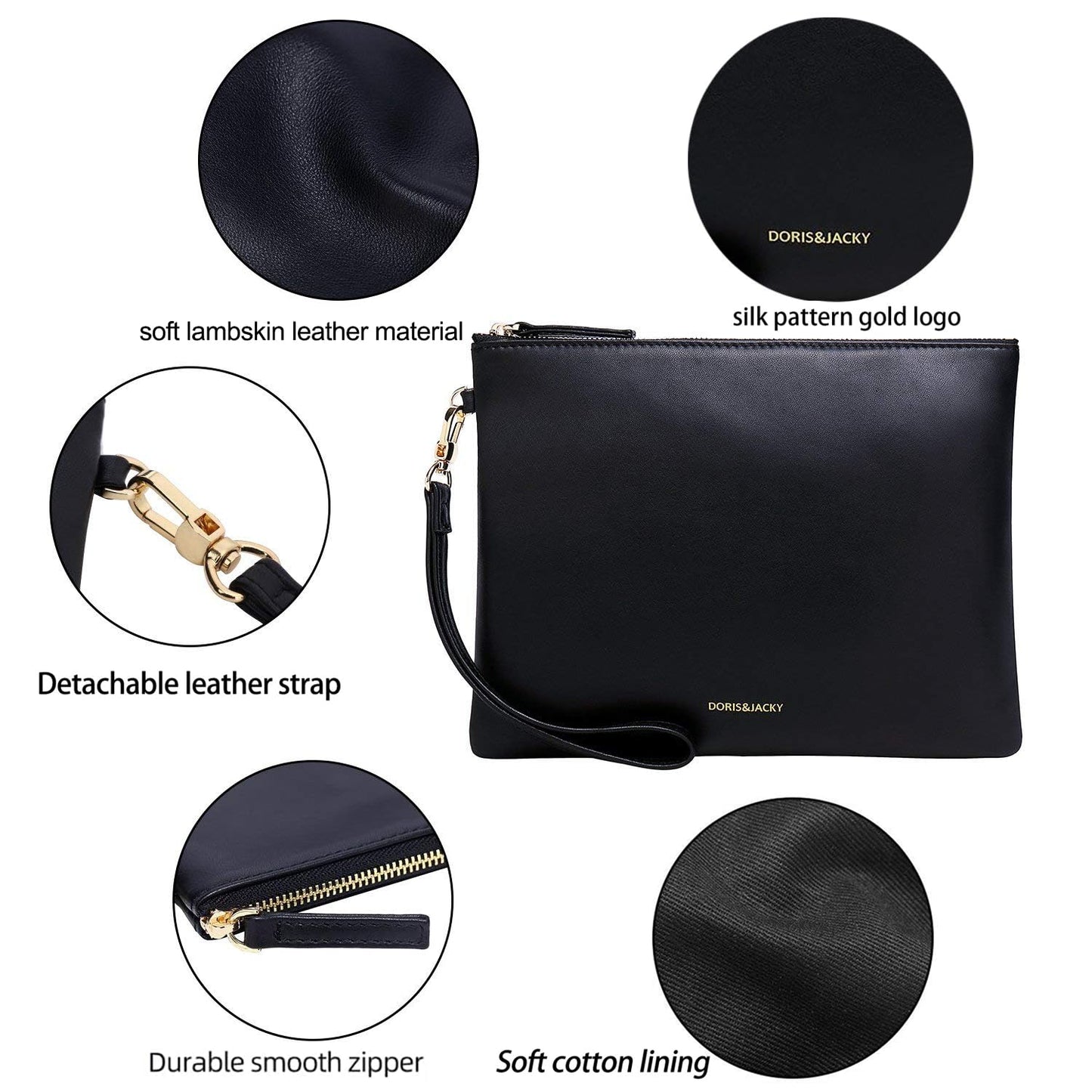 DORIS&JACKY Lambskin Leather Wristlet Clutch Purse For Women Large Soft Designer Wallet With Strap… (Lambskin-black, black)