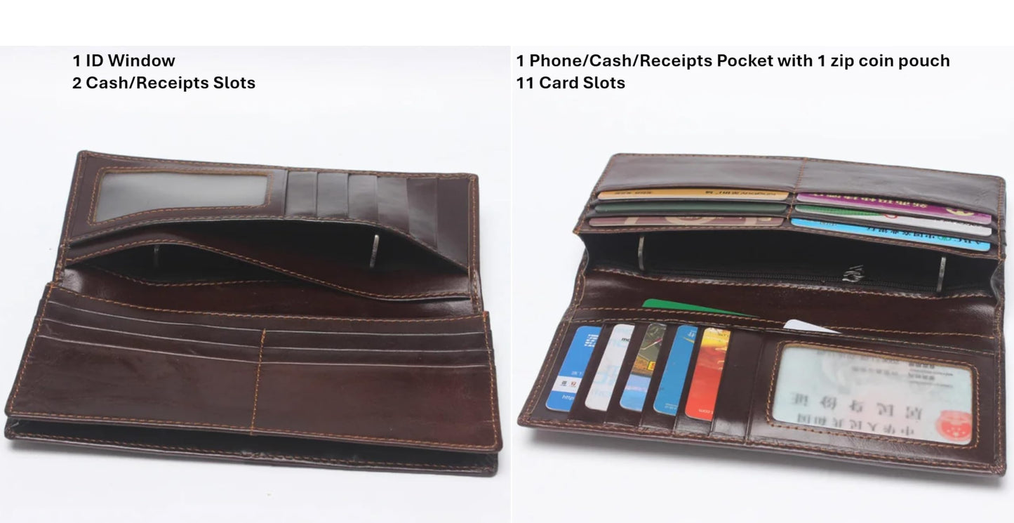 AurexaFashion Genuine Leather Bifold Long Wallet for Men, Retro Vintage Embossed Clutch with Zipped Coin purse & Credit card Slots. RFID Blocking. Crocodile Tail- Coffee