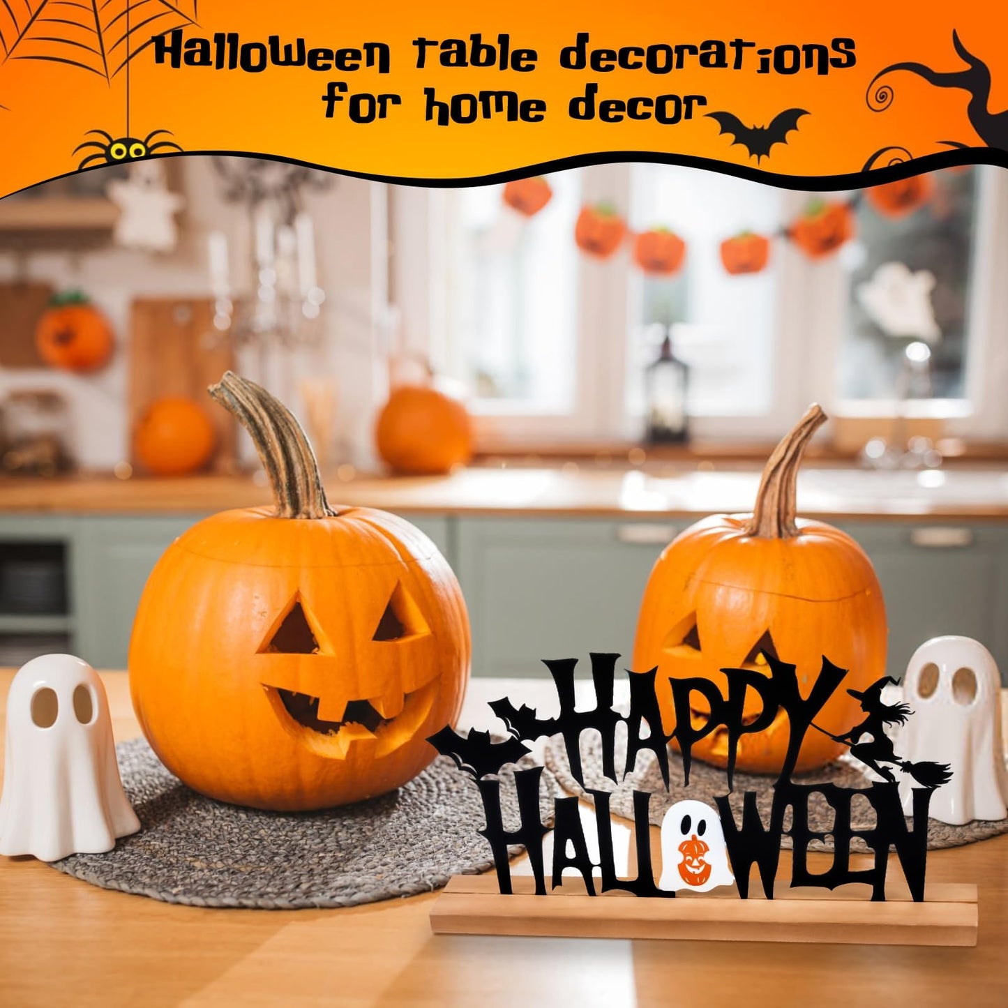 Metal Happy Halloween Sign Halloween Table Decor with Wooden Base Freestanding Rustic Table Decor for Indoor Home Tabletop Centerpiece Mantel Shelf Fireplace Decoration (Black)