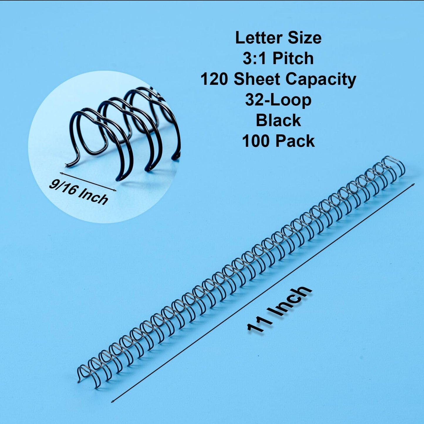 HOUYEE 100 Pack 6/9 Inch Double Loop Wire Binding Spines,120 Sheet Capacity, 3:1 Pitch Wire Binding for Letter Sized Paper,32 Holes,for Teacher Student Document Notebook Making,Black