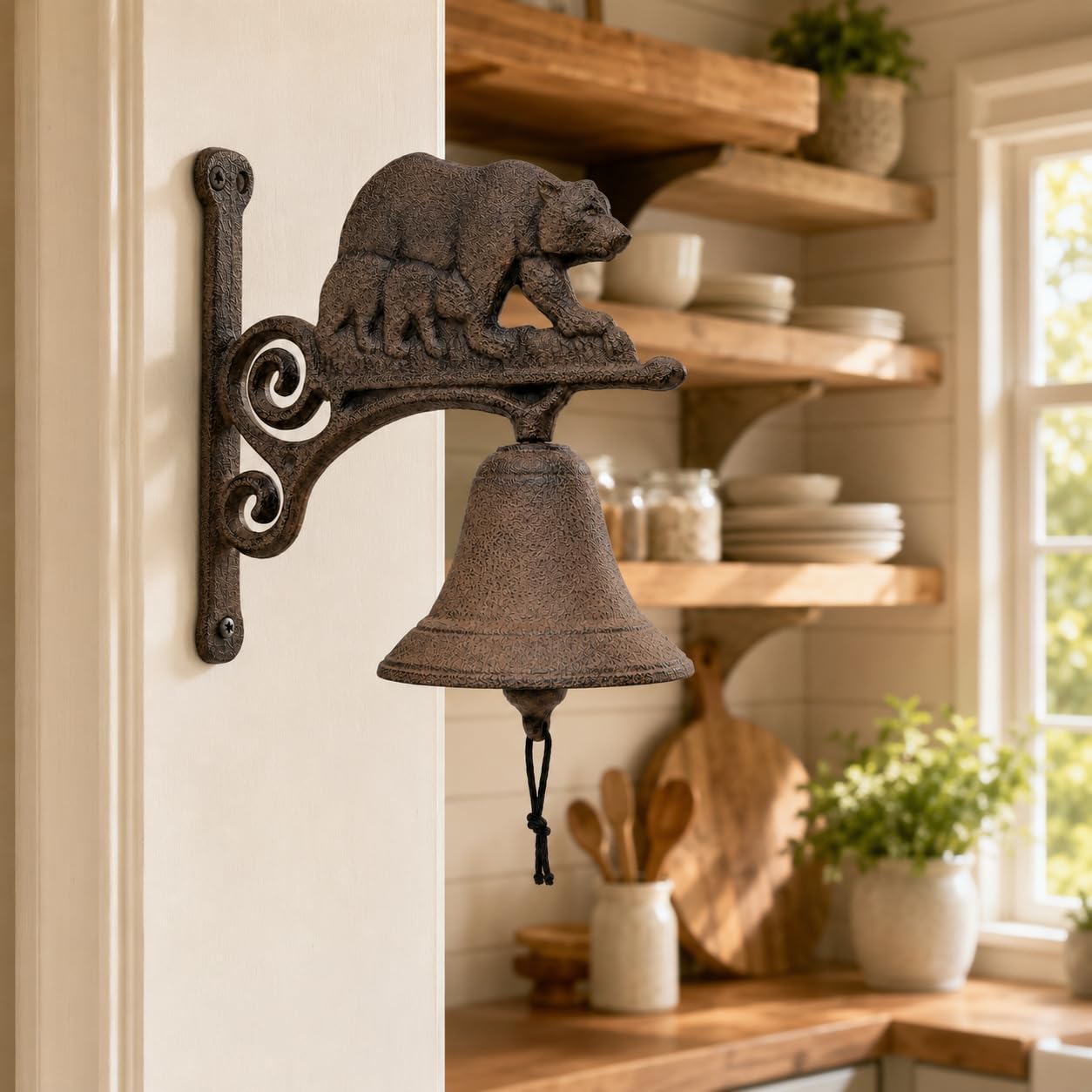 Comfy Hour 7.8" Heavy Duty Cast Iron Bear Dinner Bell, Loud Resonant Wall Mounted Outdoor Doorbell for Farmhouse, Garden & Cabin, Decorative Wildlife Metal Bell for Porch, Antique Black Finish