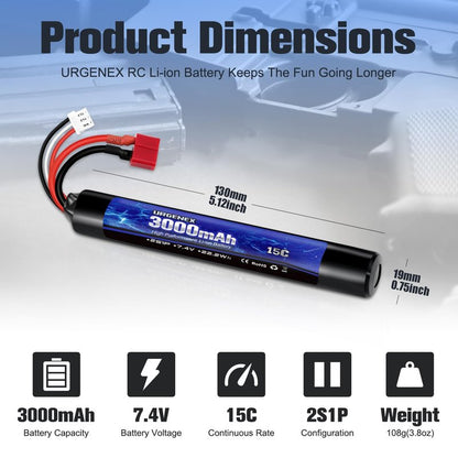 URGENEX 3000mAh Airsoft Battery 7.4V Stick Battery with Dean-Style T Plug 2S Rechargeable Stick Shape RC Lithium-ion Fit for Most Airsoft Model Guns Rifles