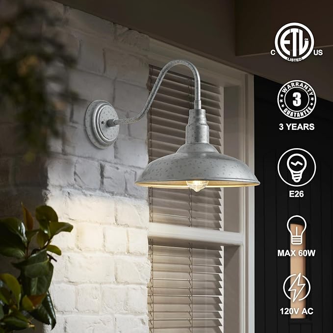 10in Dome Outdoor Gooseneck Barn Light Sliver Exterior Patio Wall Lantern Farmhouse Style Galvanized Outdoor Porch Wall Sconce for House, Garage Gooseneck Lighting Fixture 1 Pack, LM2201-SV