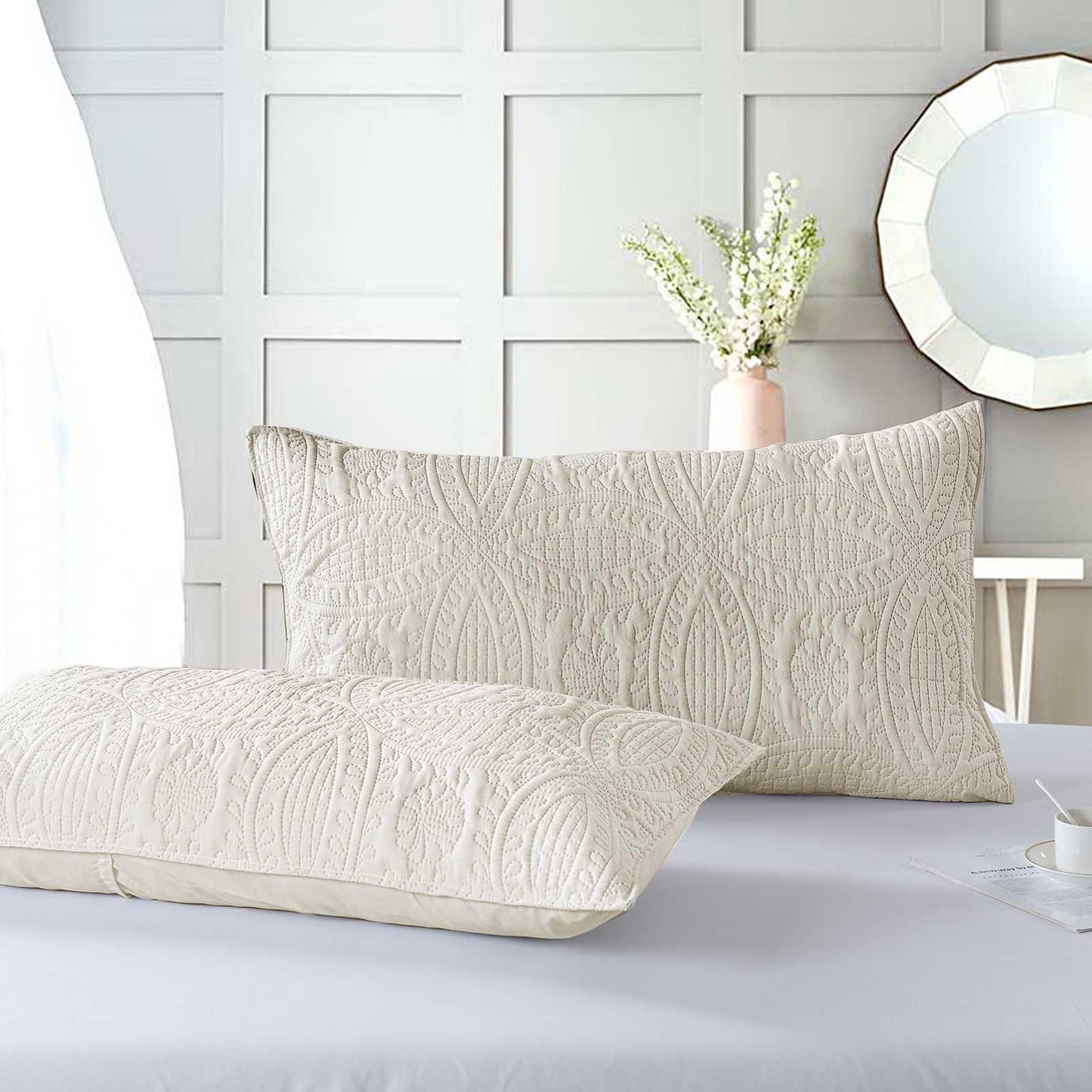 Boryard Beige King Size Quilt Set, 3-Piece Lightweight Soft Bedspread 104x90 inches Bedding Set with 2 Pillow Shams, Geometric Embossed Pattern