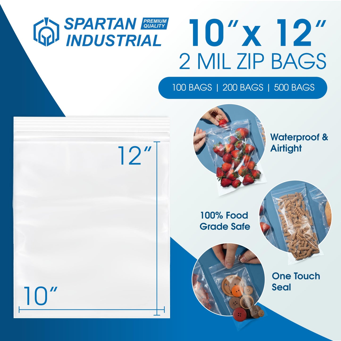 Spartan Industrial - 10" X 12" (100 Count) Quart Clear Reclosable Zip Plastic Poly Bags with Resealable Lock Seal Zipper - 2 Mil