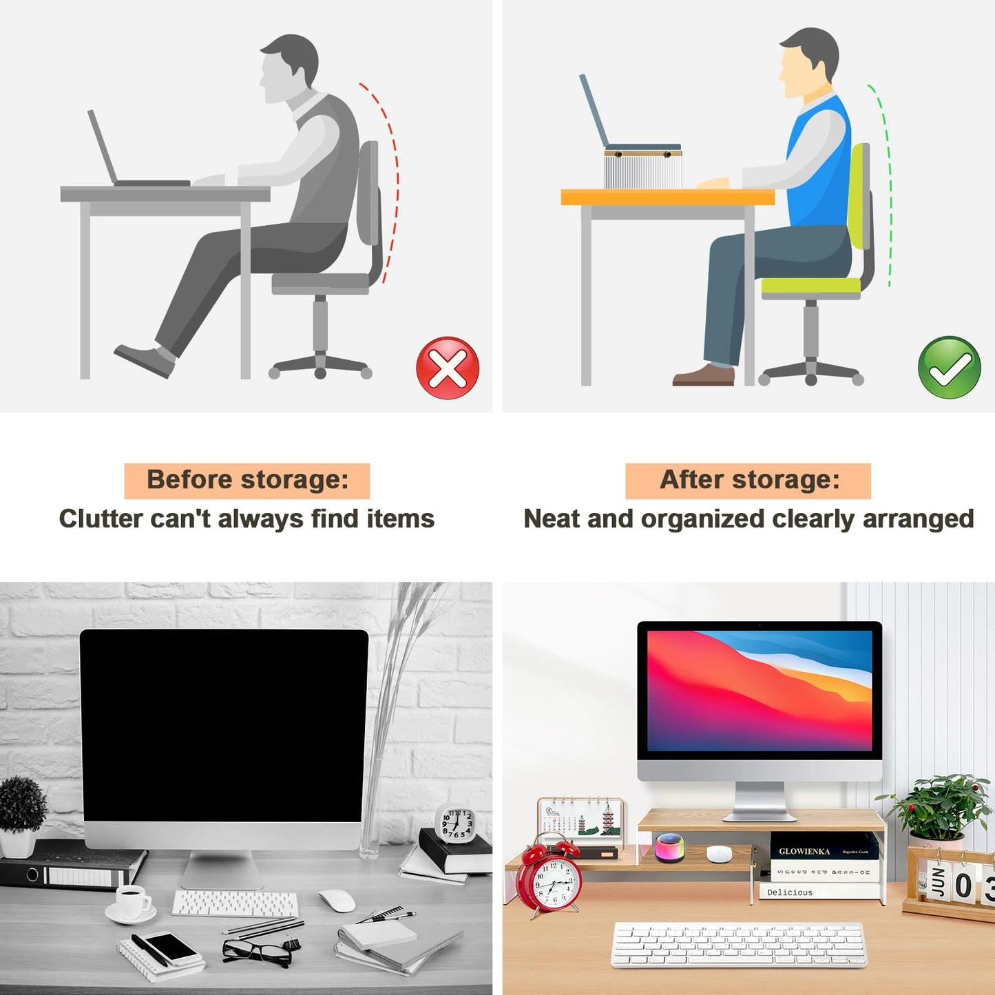 YGYQZ Adjustable Monitor Stand Riser with Acrylic Legs丨7.67" Wide Dual Monitor Stand for Desk丨2-Tier Wood Desktop Organizer for Computer, Laptop, Printer & PC丨Modern Aesthetic Desk Shelf(wood-flat)