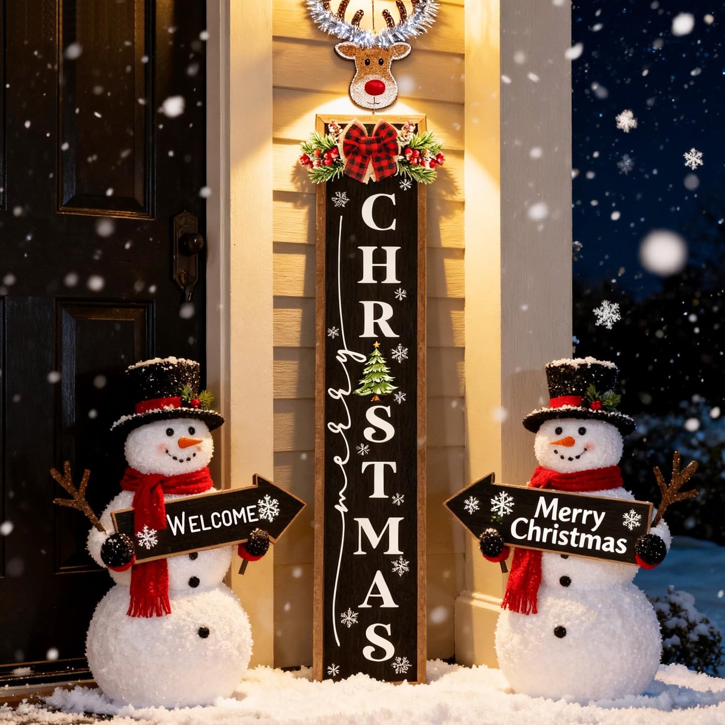 Double-sided Merry Christmas Wooden Sign Stand with Magnetic-adhesive Wreath for Front Door, 47" Farmhouse Vertical Snowman Welcome Porch Sign, 2in1 Tall Xmas Porch Leaner Decor