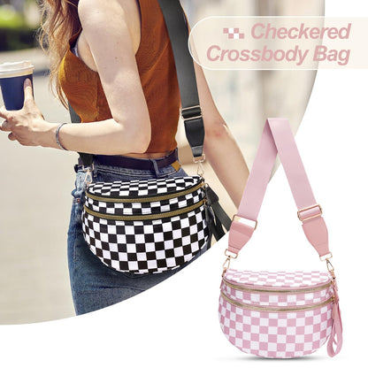 Checkered Crossbody Bag,Nylon Bum Bags for Women Crossbody,Spacious Sling Bag Purse Fanny Packs with Shoulder Strap