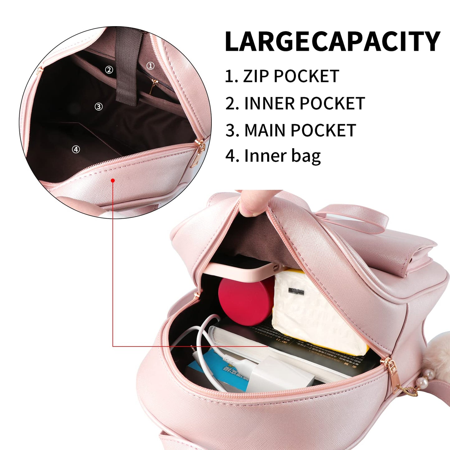 Aogist Mini Leather Backpack Purse 3-Pieces Fashion Bowknot Zipper Bags Cute Casual Travel Daypacks for Women (Pink)