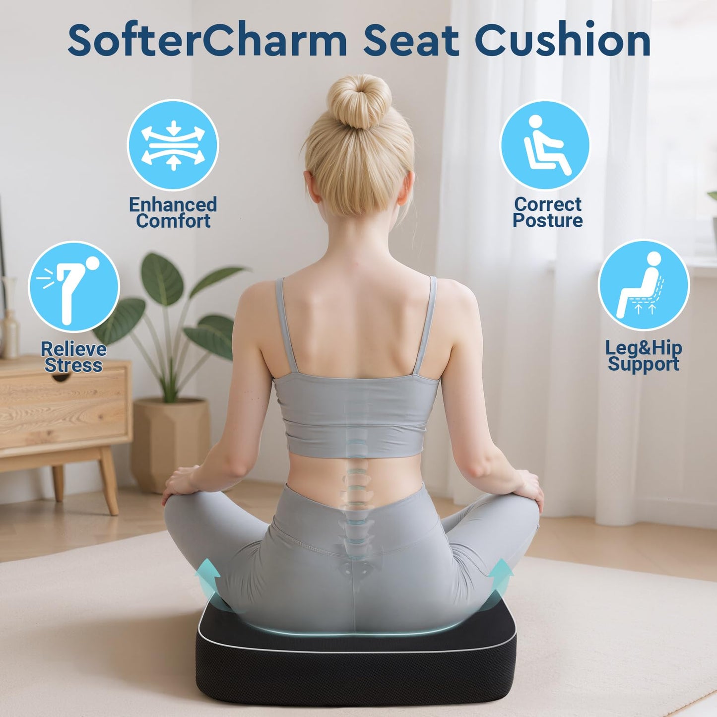 SofterCharm Seat Cushion, Memory Foam Office Chair Cushions for Long Sitting Hours, Chair Pad for Sciatica, Coccyx, Tailbone, Hip Pain & Pressure Relief, Office, Home, Car Seats, Airplane, Black/Large