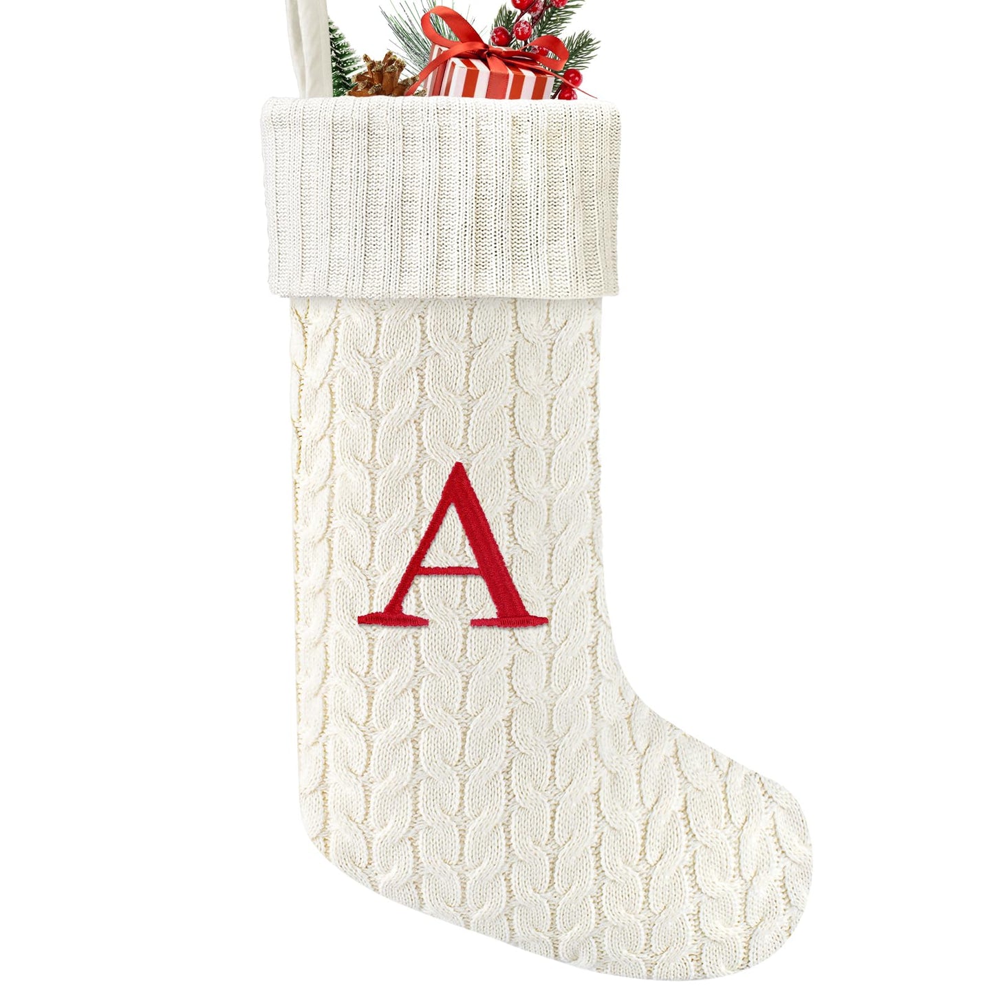 Yoochee 21 Inches Knitted Christmas Stockings with Initials, Large White Custom Monogram Embroidery Christmas Stockings with Letter, Personalized Xmas Decoration for Holiday Family Party-A