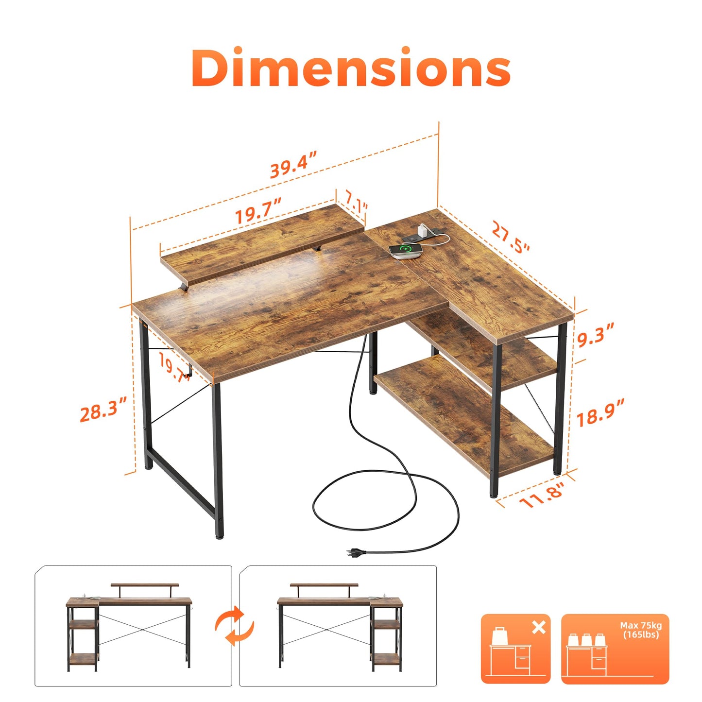 Mericonia Small L Shaped Computer Desk with Power Outlets, Reversible Gaming Desk with Storage Shelves & Monitor Stand, Corner Gamer Desk Table, Study Writing Table