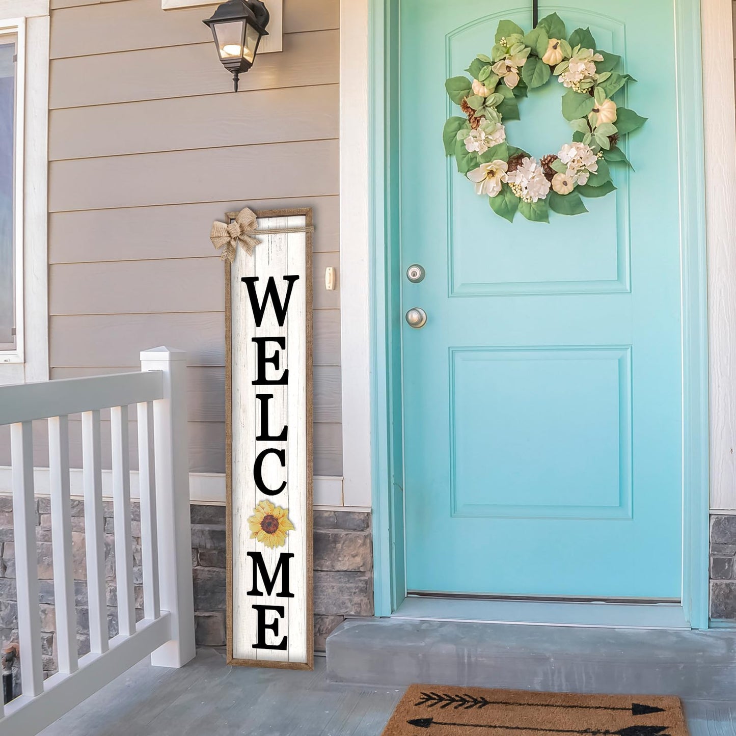 LuZhiQiang Front Porch Welcome Sign for Interchangeable Standing 45"X9" With 12 Pcs Replaceable Icons Wood Frame Signs Outdoor Front Door Decor (Wood White)