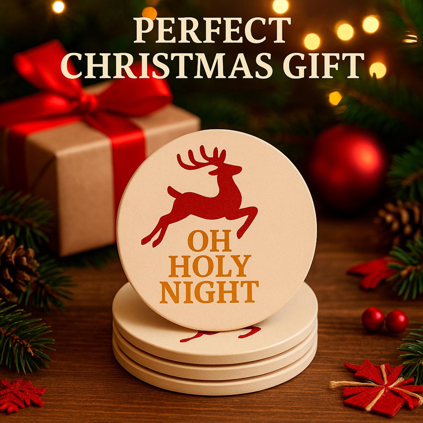 Christmas Ceramic Coasters Set of 4,“Oh Holy Night” Reindeer Absorbent Stone Drink Coasters with Non-Slip Cork Backing for Coffee Table, Holiday Party, Winter Home & Kitchen Decor