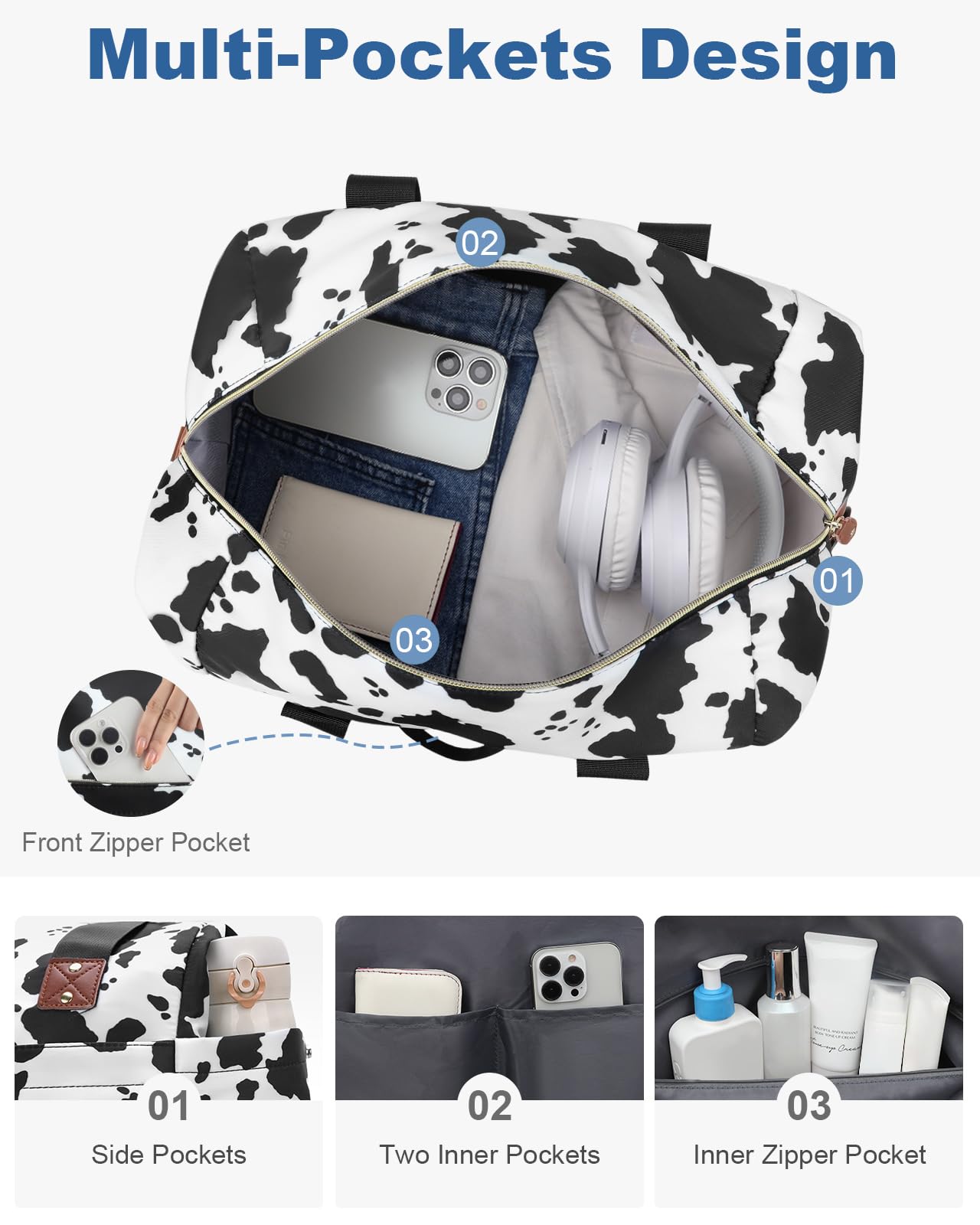 Pritent Travel Duffle Bag, Waterproof Weekender Overnight Hospital Bags for Women Men with Toiletry Bag Lightweight Personal Item Duffle Gym Bag for Travel, Airplanes, Sports(Cow Print, Large)