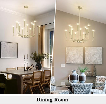 Qamra Modern Farmhouse Gold Chandelier for Dining Room, 12-Light Rustic Candle Chandelier Light Fixture, Industrial Hanging Chandeliers Lighting for Living Room, Kitchen, Staircase, Entryway, Foyer