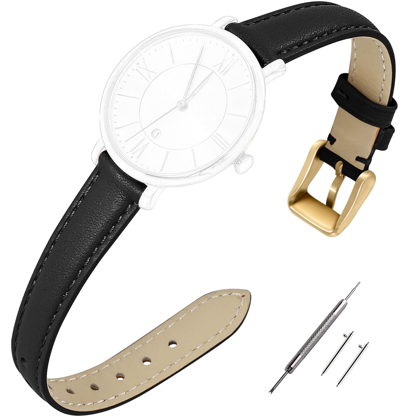 EACHE 12mm Leather Watch Bands for Women Ladies Quick Release Black Leather Watch Band Replacement Strap with Gold Buckle