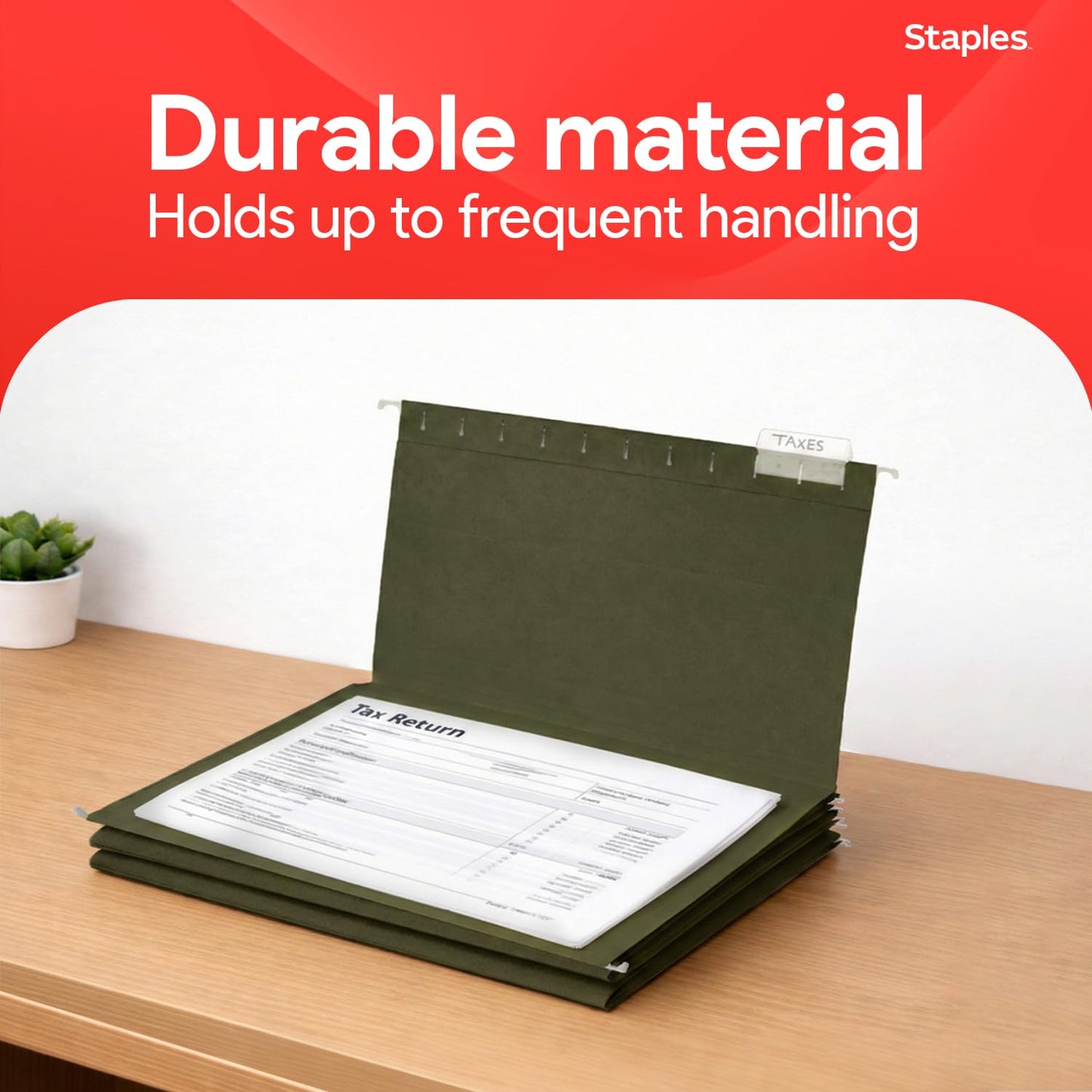 Staples Hanging File Folders, Legal Size, 1/5‑Cut Tabs, Standard Green, Includes Tabs & Paper Inserts – 50/Pack