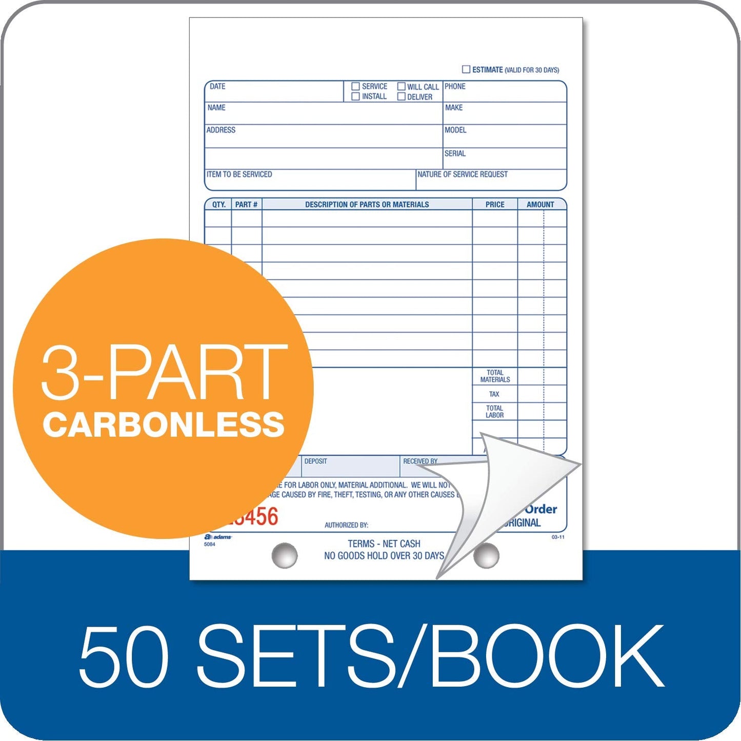 Adams Repair Order Book, 3-Part Carbonless, White/White/White, 5-9/16 x 8-7/16 Inches, 50 Sets (T5084)