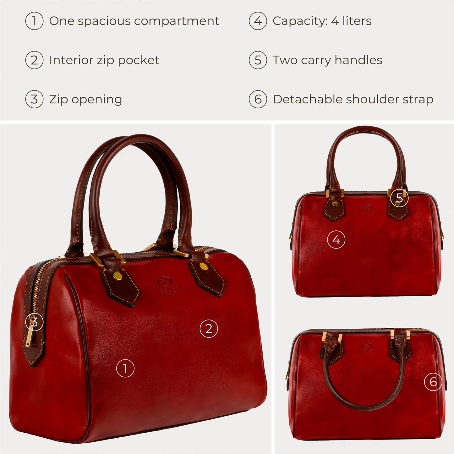 Time Resistance Leather Handbag - Full-Grain Leather Purse for Women - Top Handle Bag - Tote Bag (Red)
