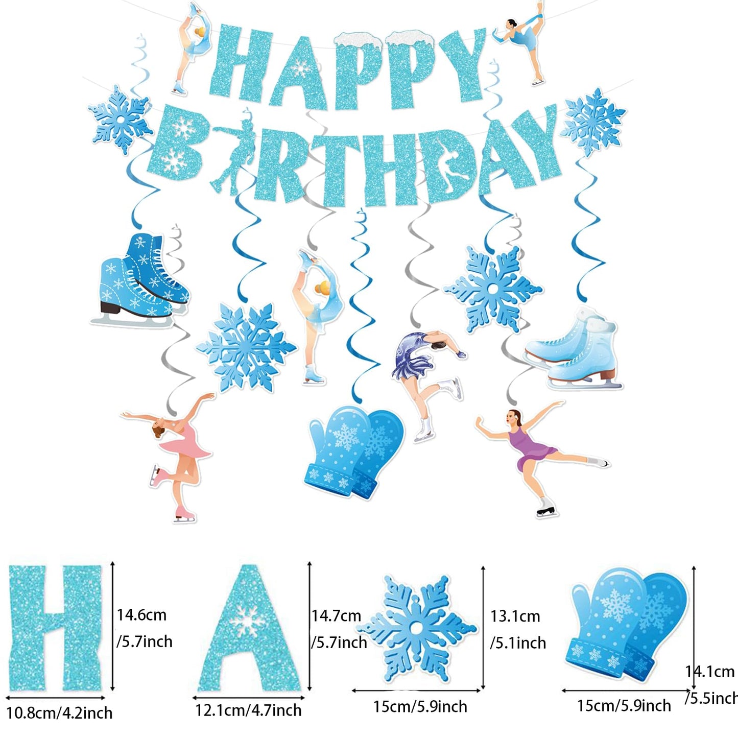 Zwiebeco Ice Skating Happy Birthday Banner Bunting Hanging Paper Swirls Garland Party Decorations for Baby Shower Winter Snowflake Themed Snow Princess Girls Women Bday Decor Accessories Supplies