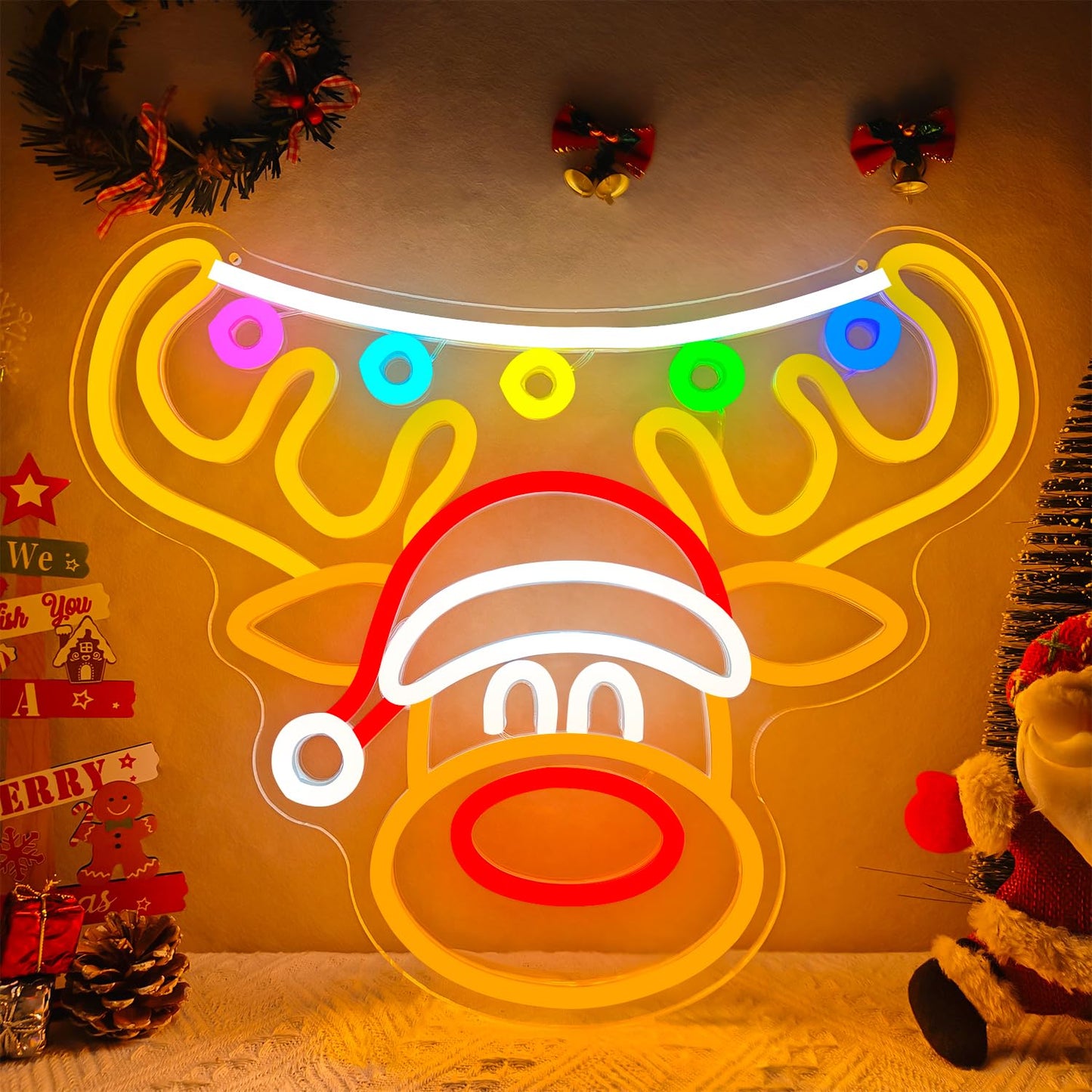 Dpaint Christmas Reindeer Neon Sign for Wall Decor Elk Neon Light Dimmable Christmas Elk Light Up Sign Led Reindeer Decoration for Gifts