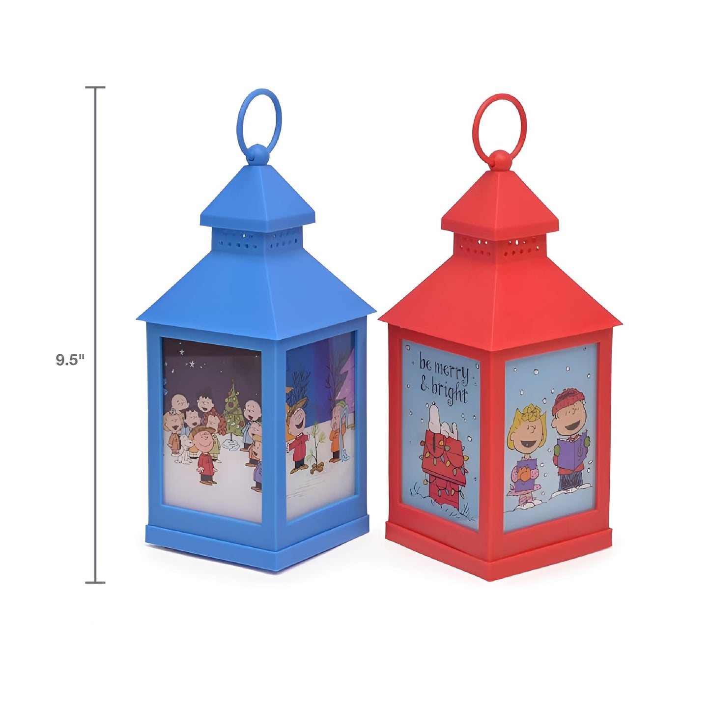 Mark Feldstein, Peanuts Christmas Holiday Flamless LED Tabletop Lanterns, Red and Blue, 9.5 Inch (Set of 2)