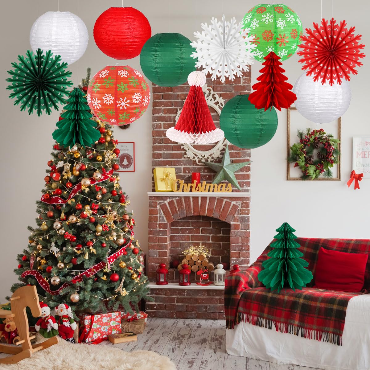 Christmas Party Decorations Paper Lanterns Honeycomb Santa Hat Tree Paper Fans for Christmas Birthday Party New Year Holiday Wall Home Decor
