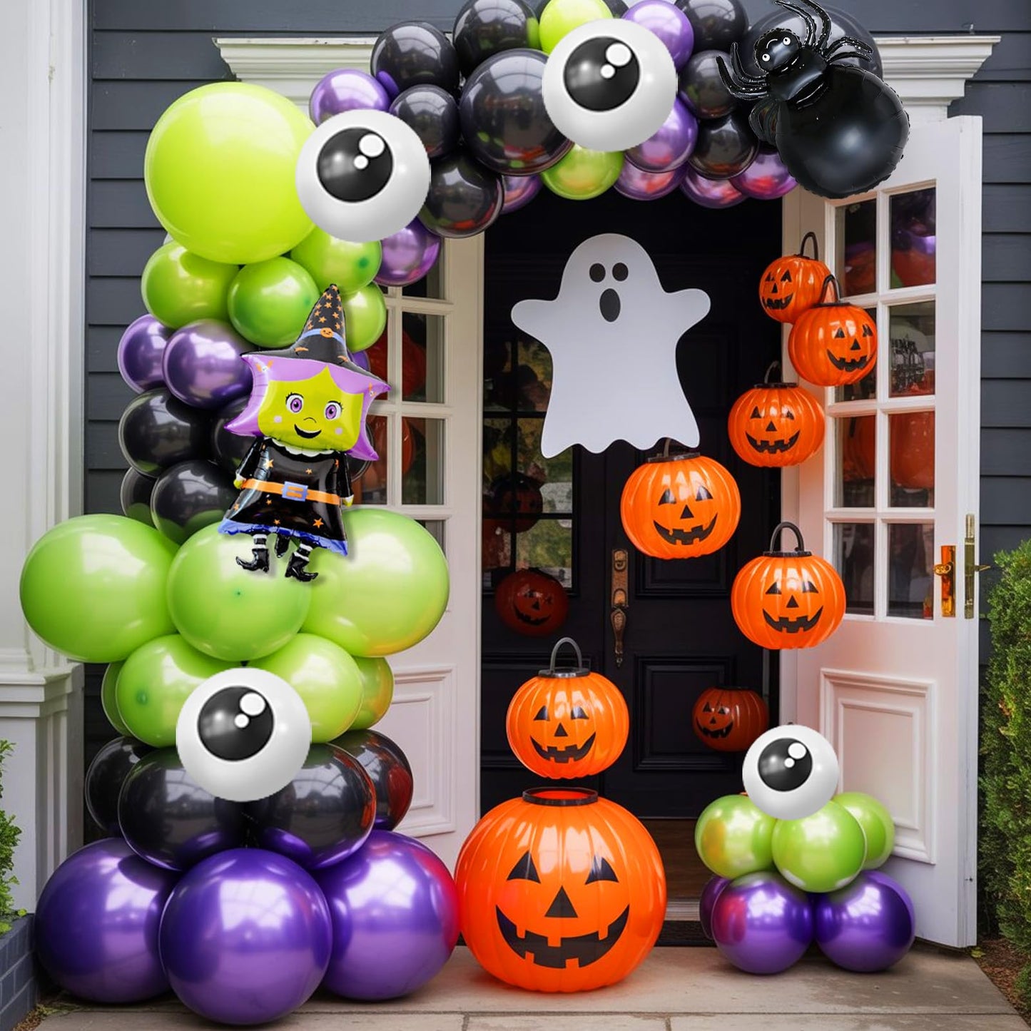 Halloween Balloons Arch Kit, Green Purple Balloon Garland with Foil Balloon Witch Spider Eye Metallic Purple Black Latex Balloons for Horror Halloween Birthday Party Decorations