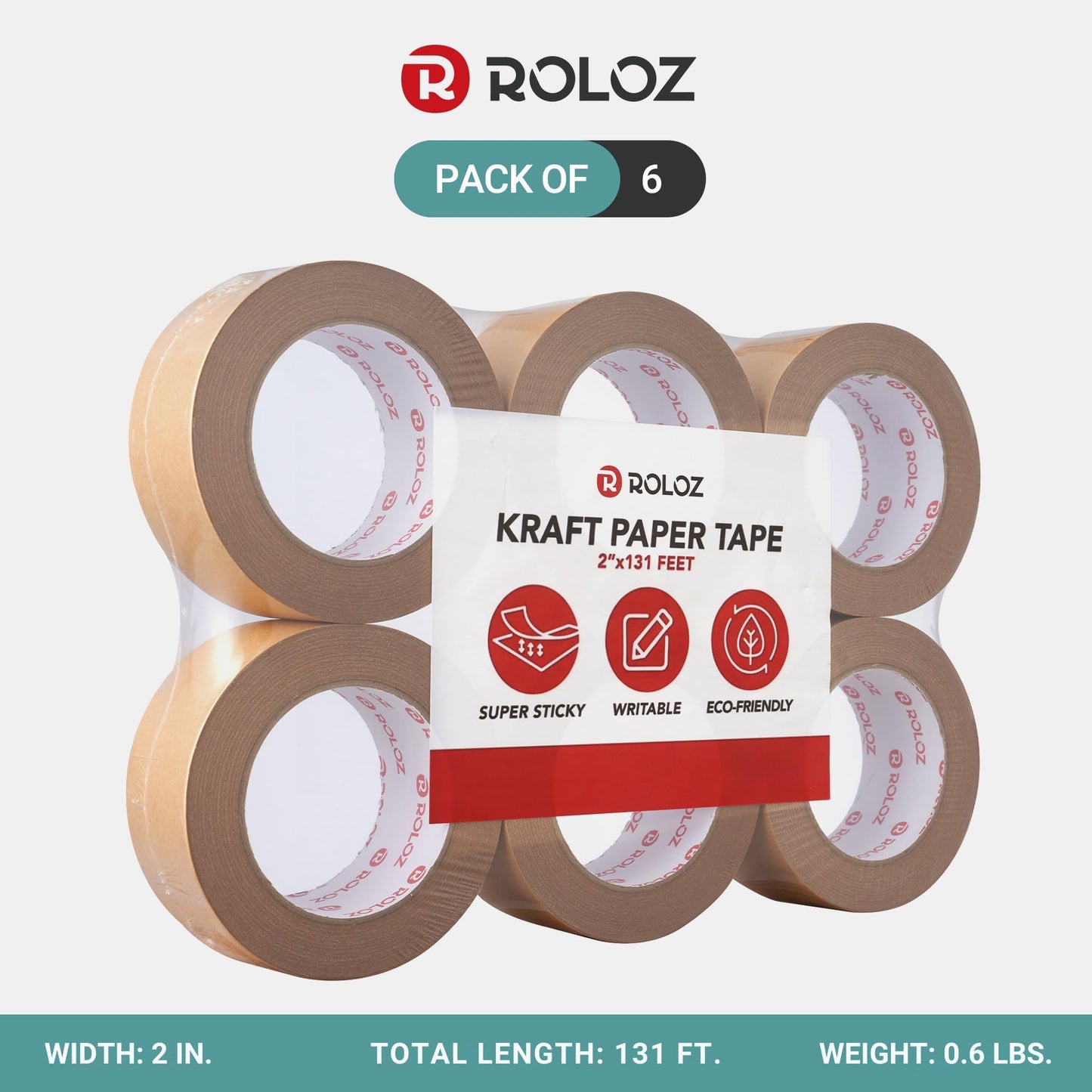 Roloz Brown Kraft Paper Packing Tape 6-Pack 2in x 44 yd – Strong Adhesive, Hand-Tearable, Writable Shipping Tape for Boxes – Ideal for Packing, Moving, Storage, Mailing, and Shipping