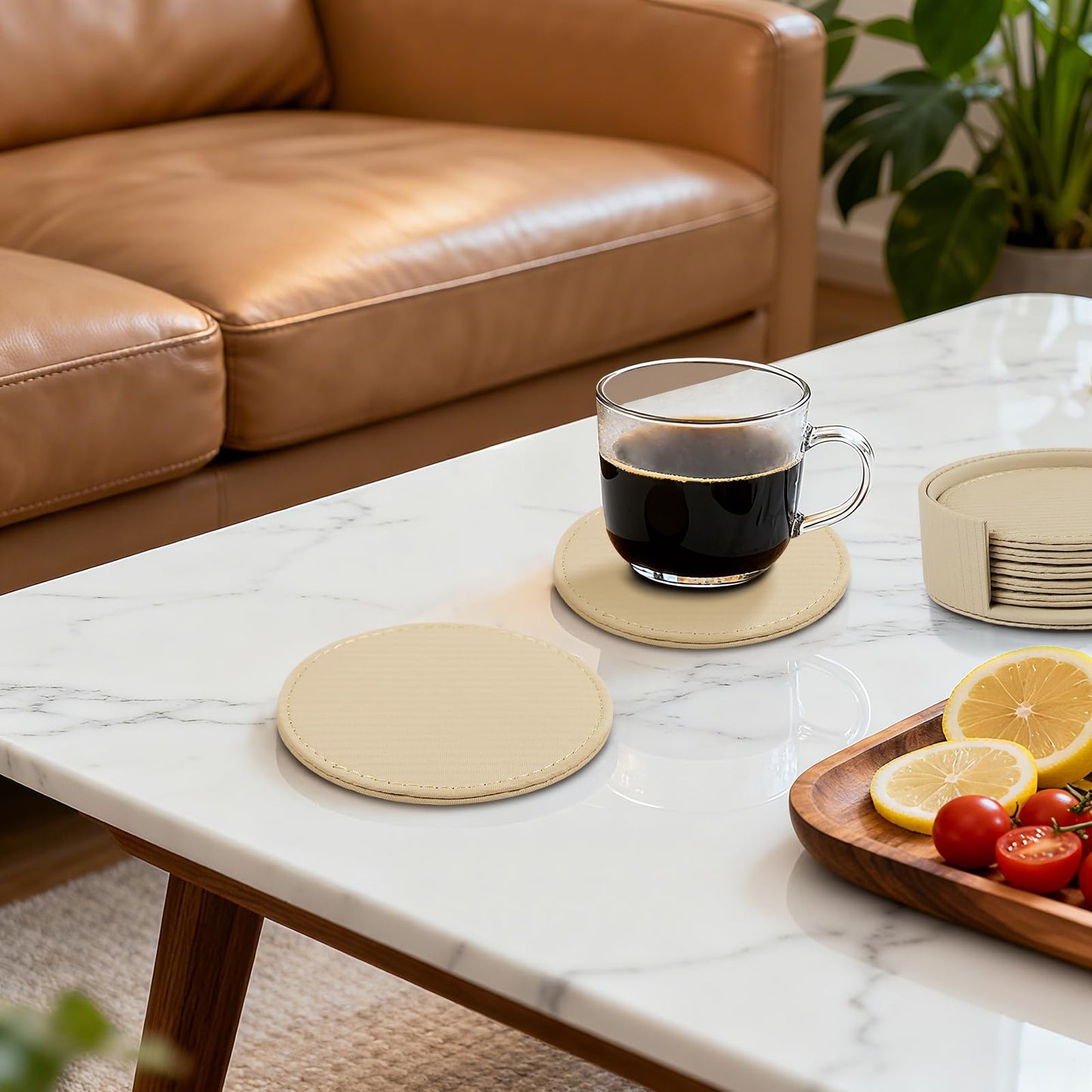 Leather Coasters Set of 6 with Holder, Tabletop Protection, Coffee Table & Bar Decoration, Modern-Style Drink Coasters Suitable for Home Dining Tables & Kitchen Accessories (Beige Stripe)