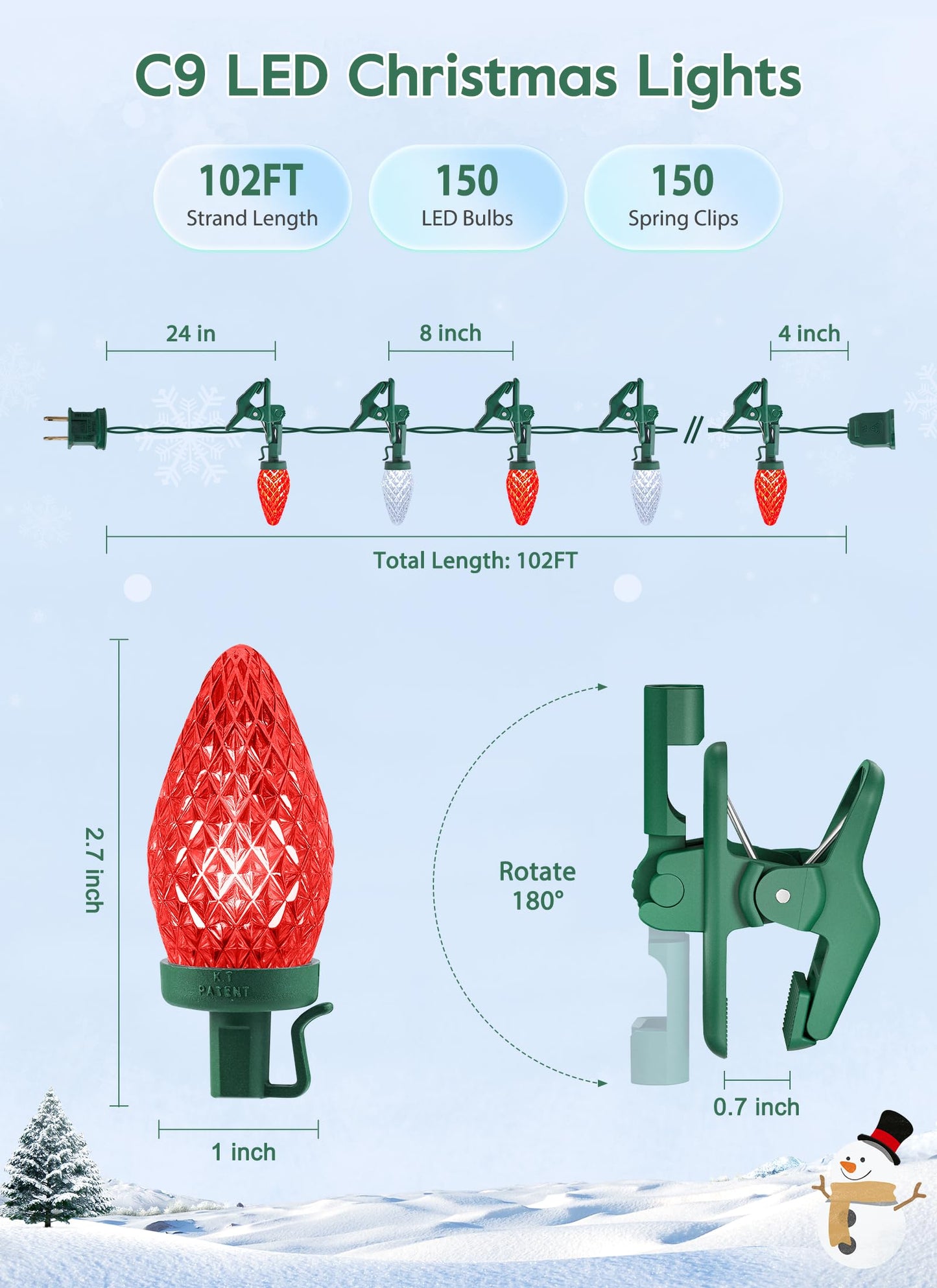C9 LED Christmas Lights Outdoor, 99 Feet 150 LED C9 String Lights with 150 Spring Clips, Waterproof Connectable Christmas Tree Lights for Outside Roofline Patio Home Xmas Decor, Red & Pure White