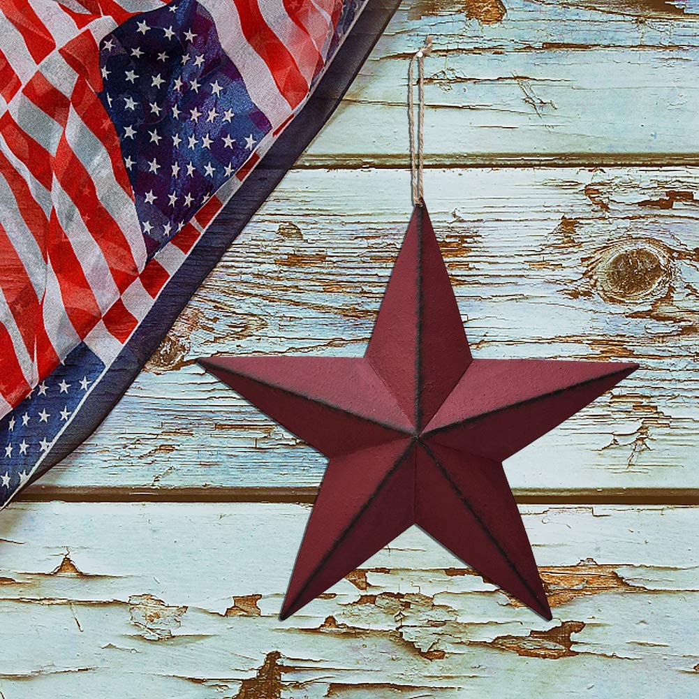Morning View Red Barn Star Metal Wall Decor Texas Stars Outdoor Hanging Patriotic Star Ornaments Rustic 3D Wall Art 4th of July Memorial Day Decorations Outside 12 Inches (Burgundy)