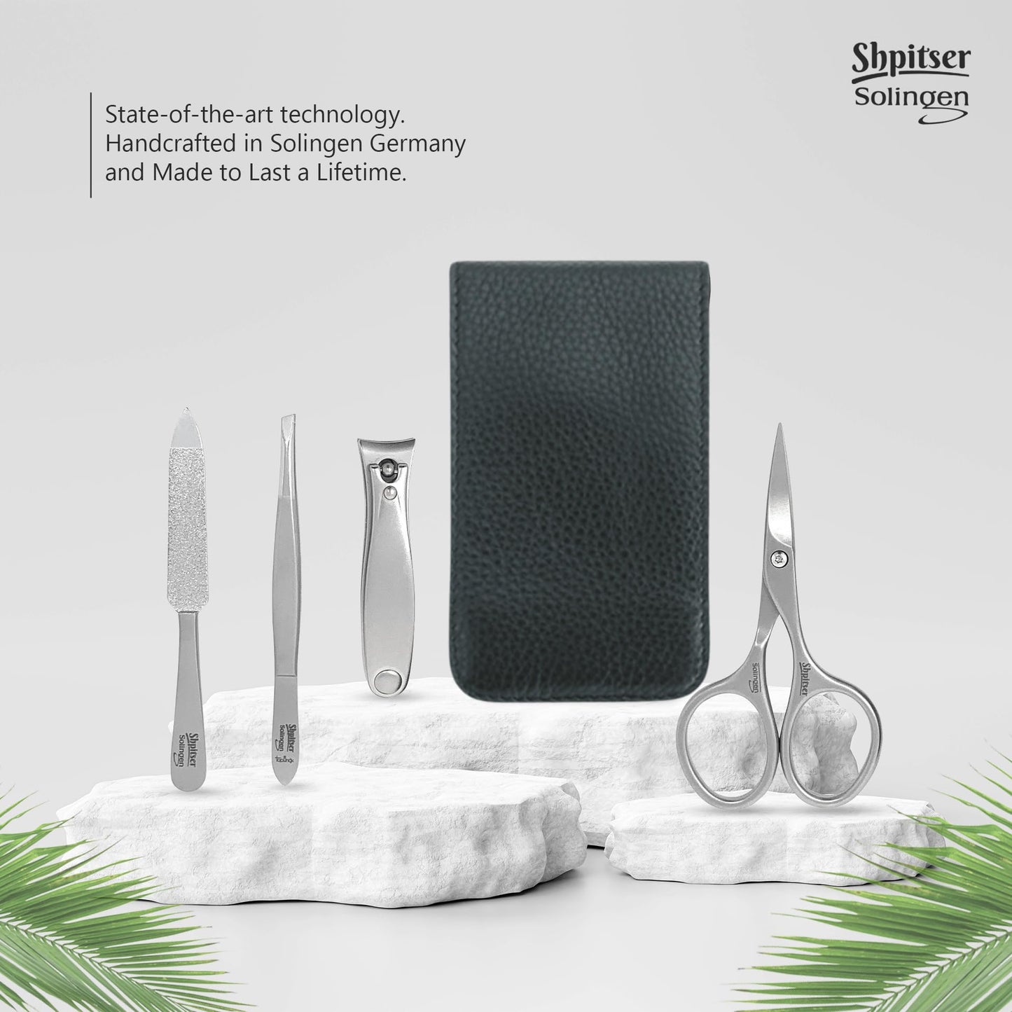 Shpitser Manicure and Pedicure Set of 4 Surgical Stainless Steel Instruments, Made in Solingen, Germany, Luxury Topinox Grooming Kit In Full Grain Nappa Leather Case (Black)