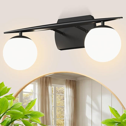 Black Vanity Lights for Bathroom, 2-Light 20 Inch Bathroom Lighting Fixtures over Mirror with Milky White Frosted Glass Shades, Wall Sconces for Bathroom, Bedroom, Living Room(G9 Bulb not Included)