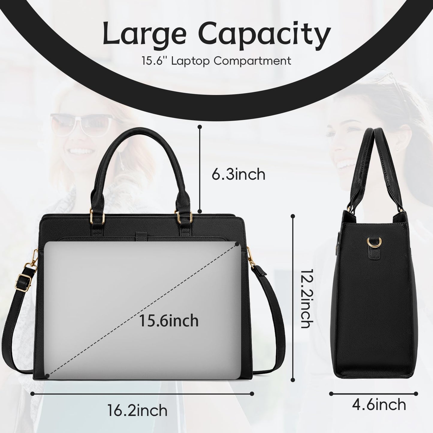 GMAK Laptop Tote Bag for Women, Office Work Bag Briefcase for 15.6 inch Laptop, PU Leather Teacher Tote Bag Large Capacity Waterproof Computer Bags Teacher Handbag for Commute Office Travel, Black