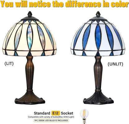 TL0034 Tiffany Style Table Lamp with Stained Glass Shade, Vintage Bronze Base W 8" x OH 14.25", Great for Home Office Small Space, LED Bulb Included (Blue White)