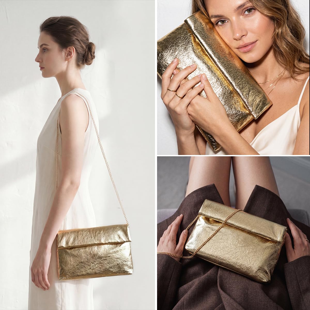 MXCMXC Women's Evening Clutch Bag Metallic Crinkled Leather Clutch Purse, Fold-over Handbag Envelope Purse with Hidden Magnetic (Gold)